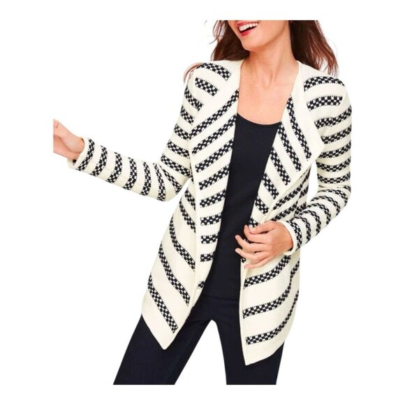 Talbots Womens Cardigan Small White Nautical Cotton Textured Knit Stripe Open - Picture 1 of 9